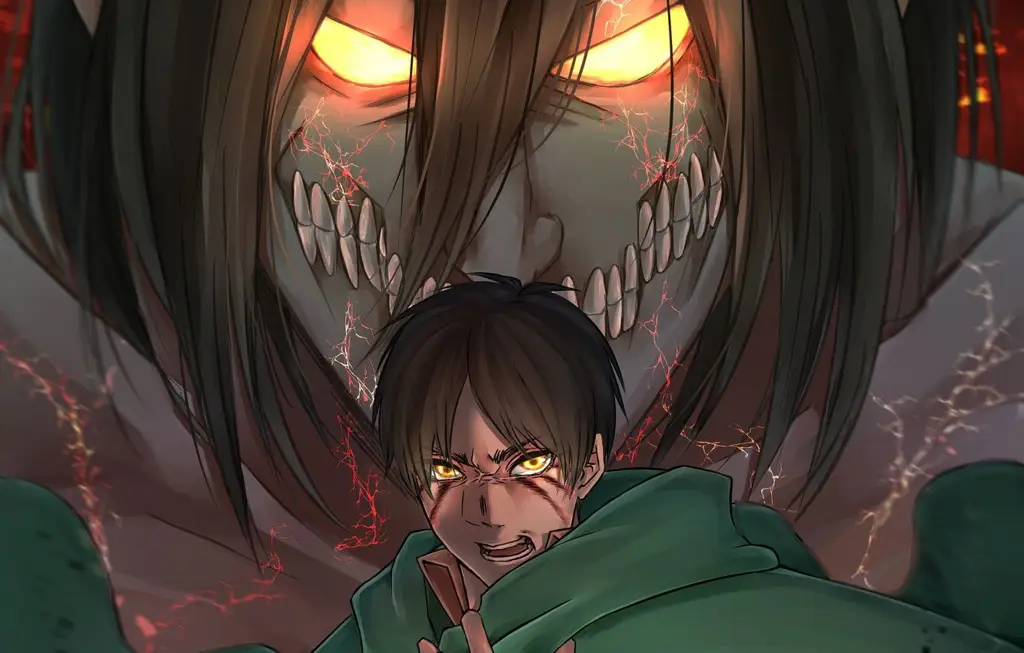 Gambar Eren Yeager dari Attack on Titan Season 4 dengan ekspresi serius.