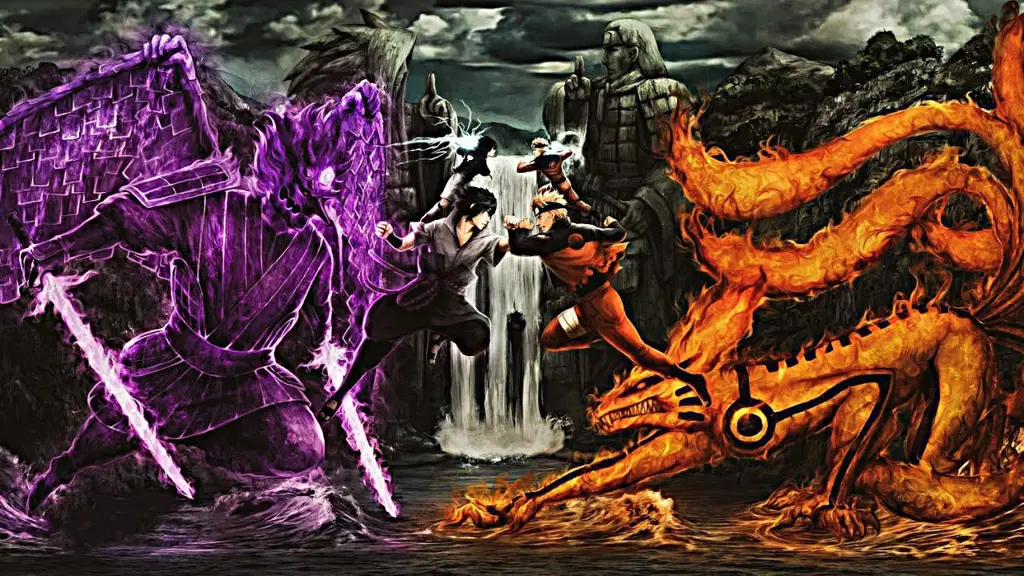 Pertarungan epik antara Naruto dan Sasuke Gambar Naruto dan Sasuke sedang bertarung