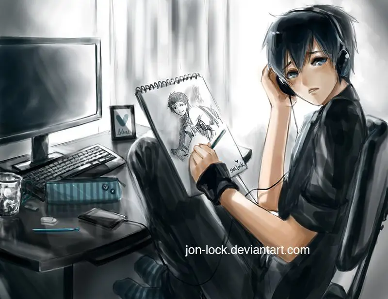 Seseorang sedang menikmati menonton anime di laptopnya