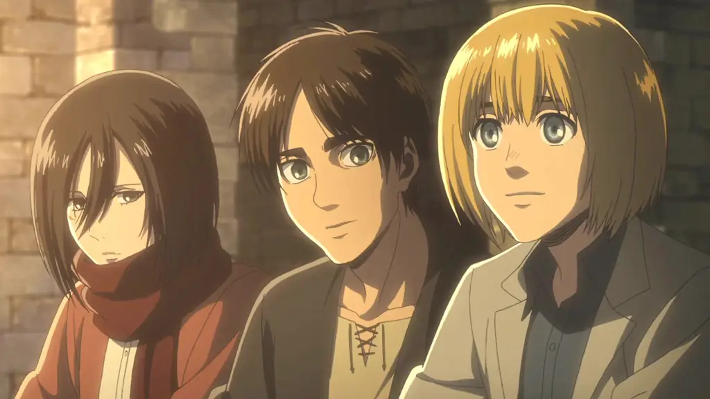 Eren, Mikasa, Armin, dan anggota Korps Pengintai lainnya Karakter utama Attack on Titan berkelompok