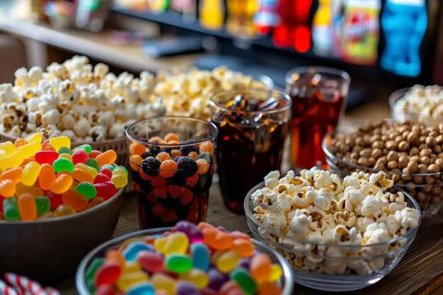 Suasana menonton film yang nyaman dengan camilan Jepang