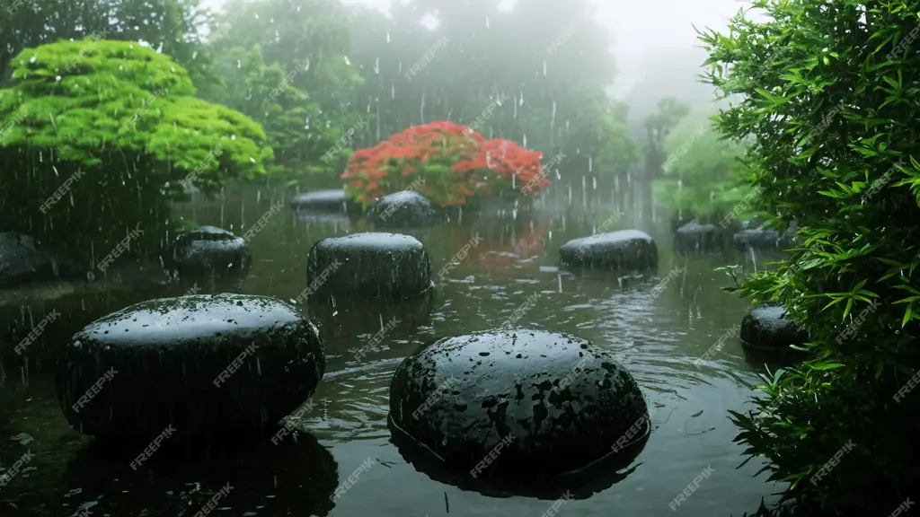 Suasana hujan di taman Jepang