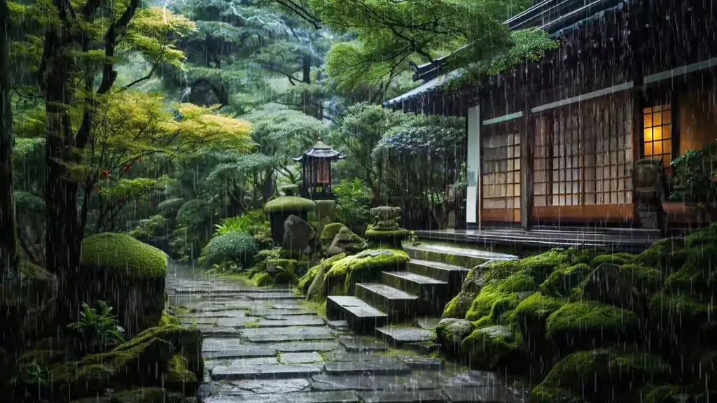 Suasana khas dalam Kotonoha no Niwa Taman Jepang saat hujan