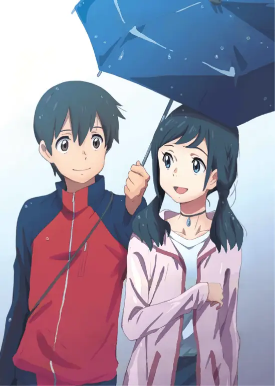 Momen romantis Hodaka dan Hina Hodaka dan Hina di tengah hujan dalam film Weathering With You