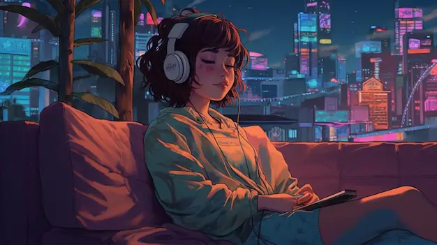 Seseorang bersantai di sofa menonton anime di tablet